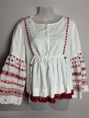 Club Monaco 100% Linen White Embroidered Beaded Peasant Top Size XS
